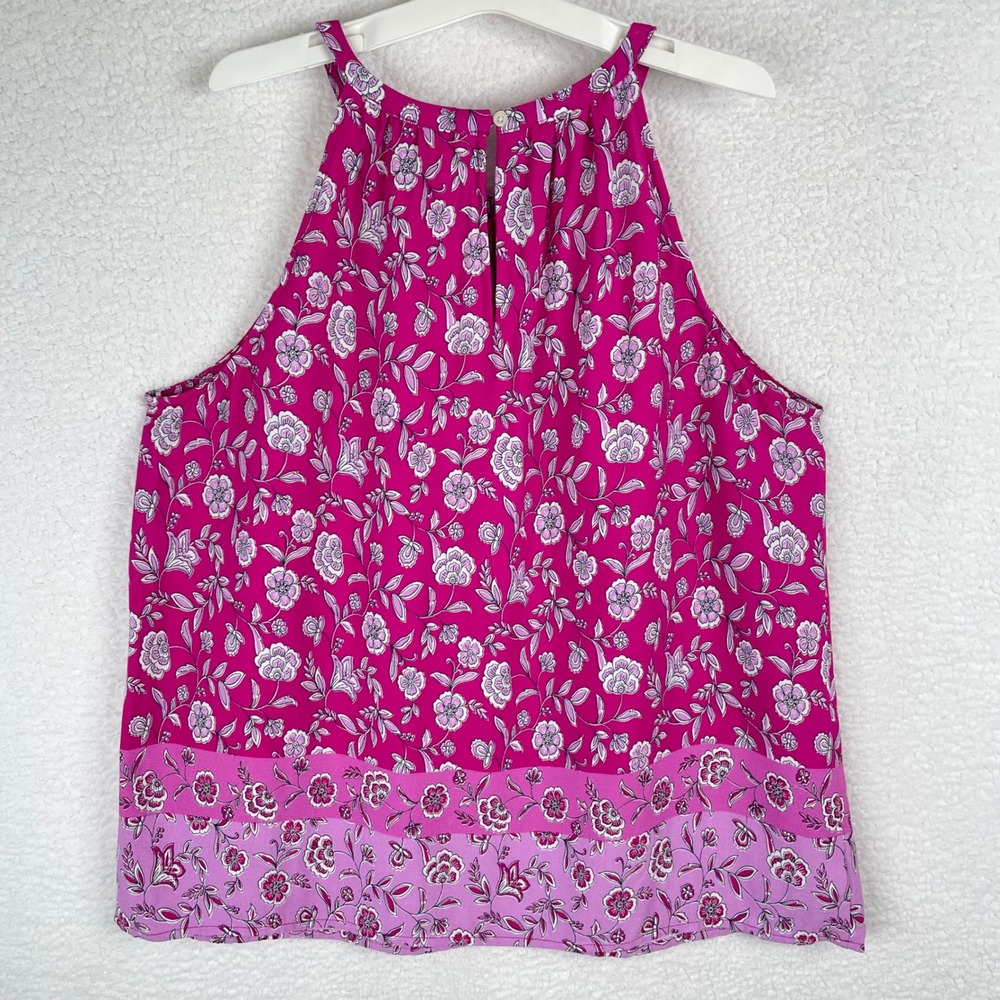 LOFT Womens XL Magenta Pink Floral Halter Neck Sleeveless Blouse Border Hem Top - Picture 5 of 9